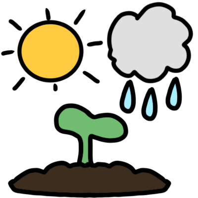 a shining sun and a raicloudl both above a sprout in soil. blue arrows point from the sun and rain to the sprout.